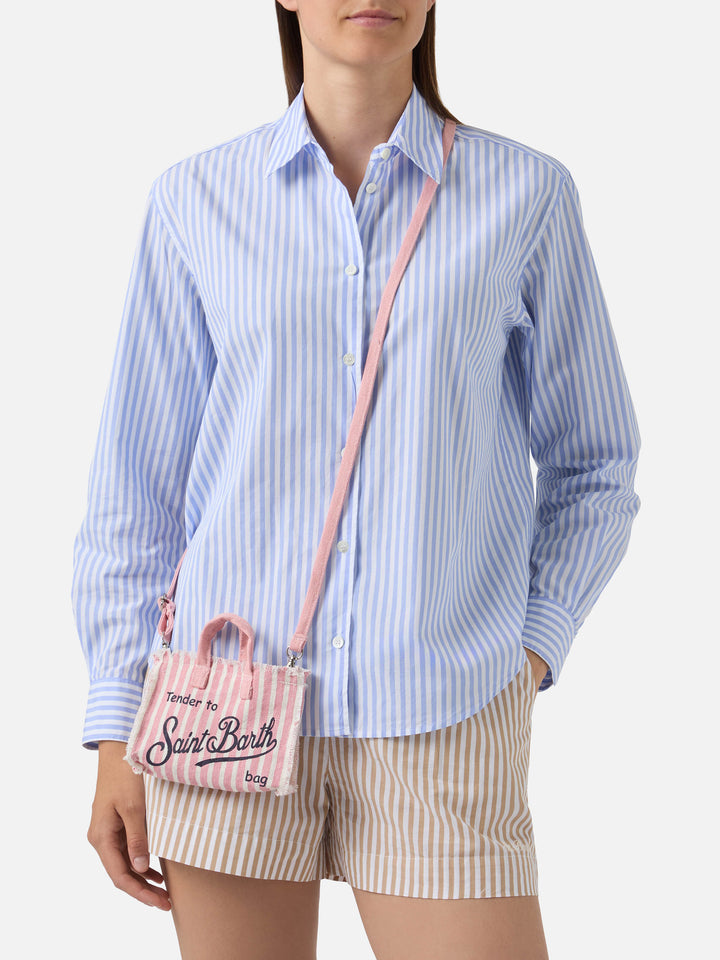 Micro Phone linen bag with pink and white stripes and contrasting logo