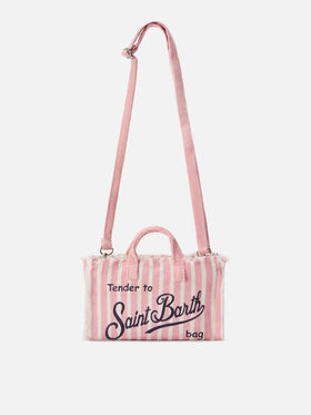 Sac en lin Micro Phone à rayures roses et blanches avec logo contrasté 