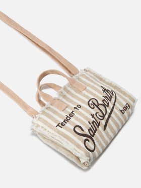 sac micro Phone en lin à rayures beige et blanches avec logo contrasté 