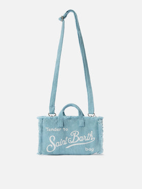 bolso micro Phone de lino azul claro liso con logo en contraste 
