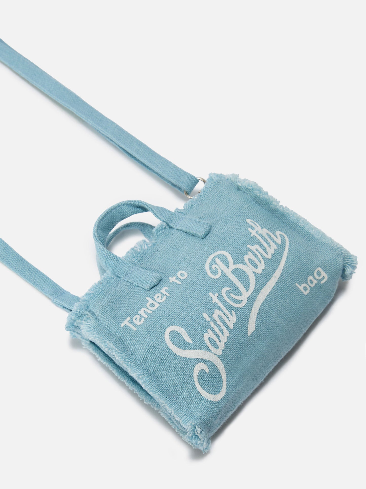 bolso micro Phone de lino azul claro liso con logo en contraste 