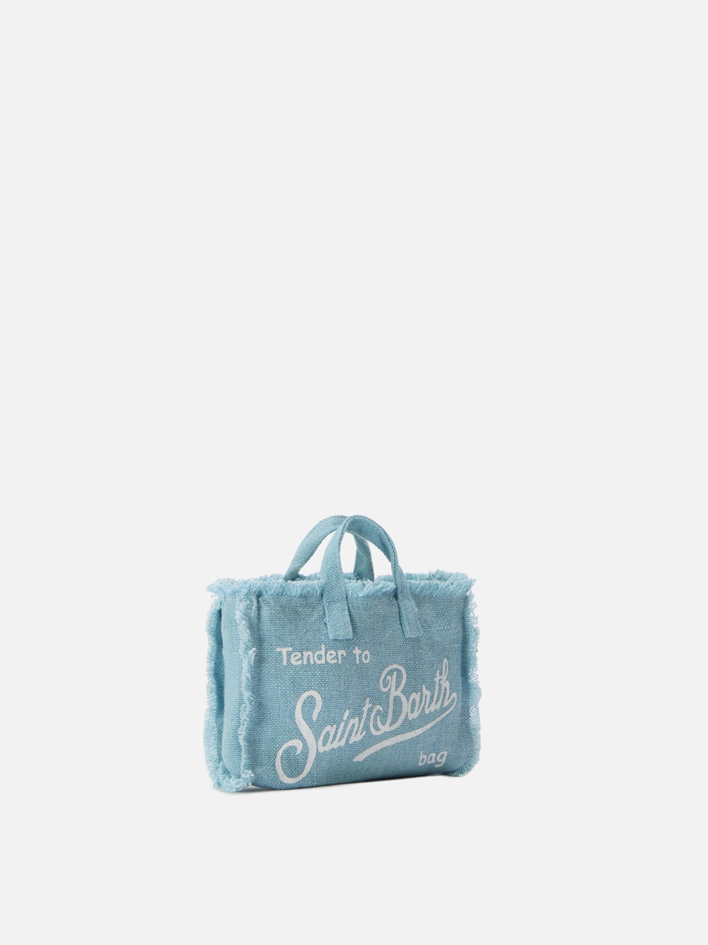 bolso micro Phone de lino azul claro liso con logo en contraste 