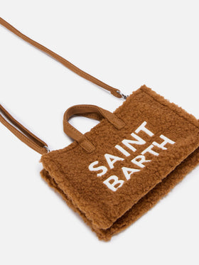 Braune Phone Bag aus Teddy-Stoff mit Logostickerei 