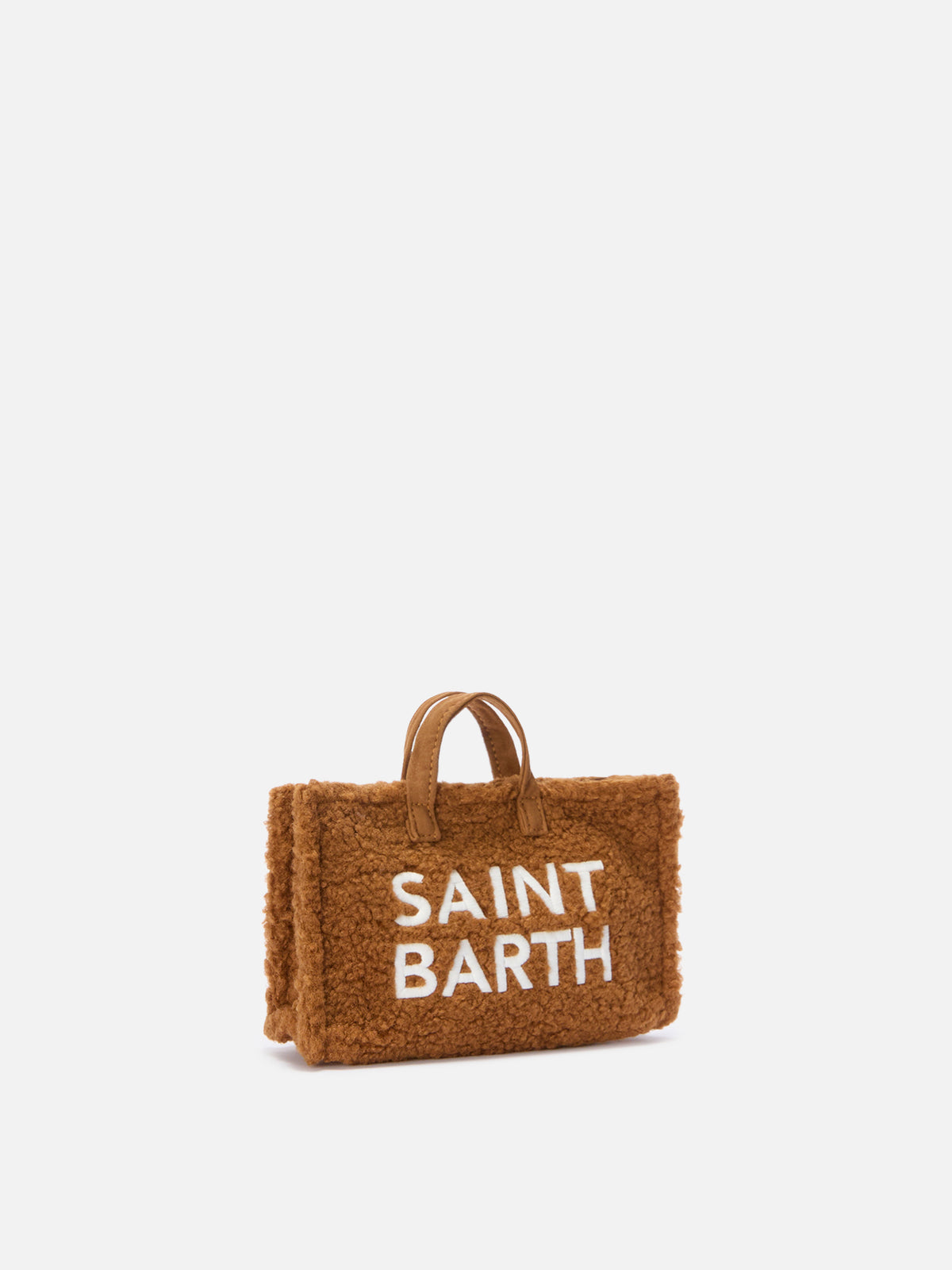 Braune Phone Bag aus Teddy-Stoff mit Logostickerei 