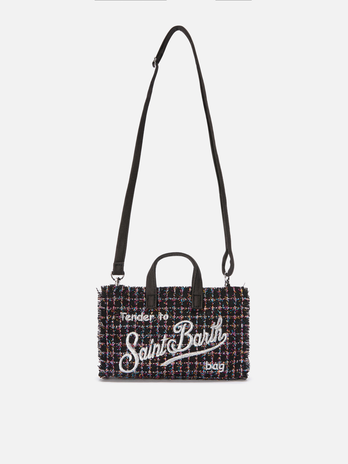 Bolso para teléfono negro en tweed con bordado del logo 