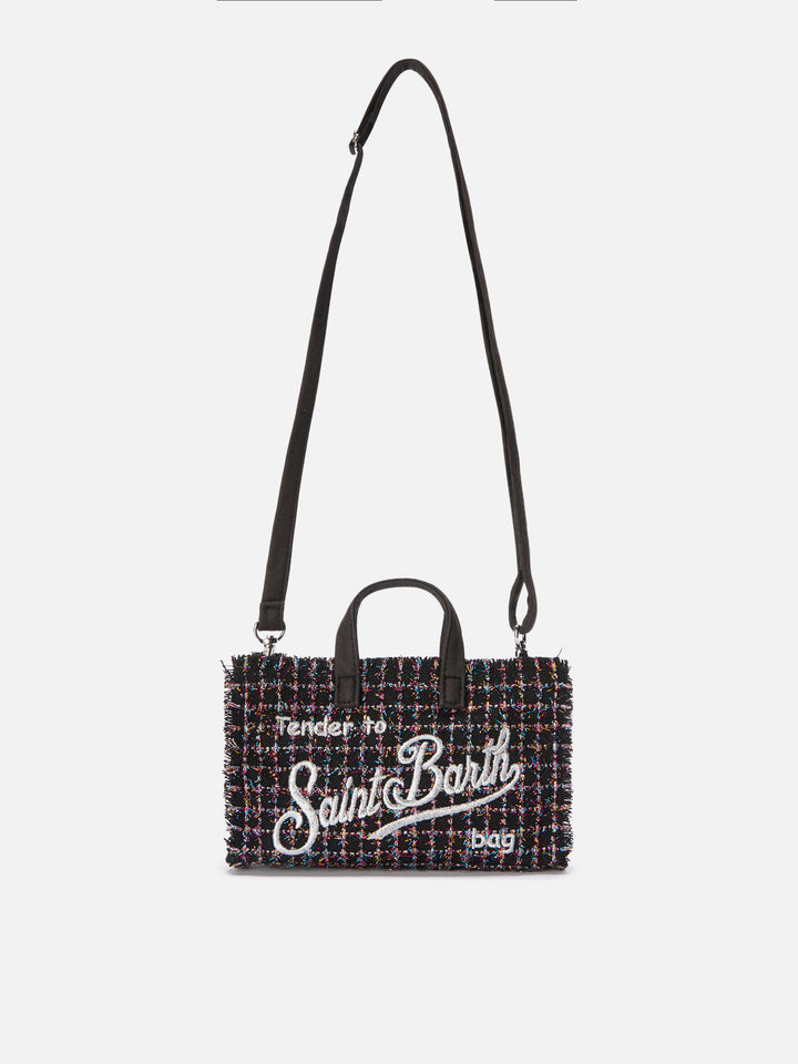 Schwarze Phone Bag aus Tweed mit Logostickerei 