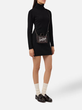 Bolso para teléfono negro en tweed con bordado del logo 