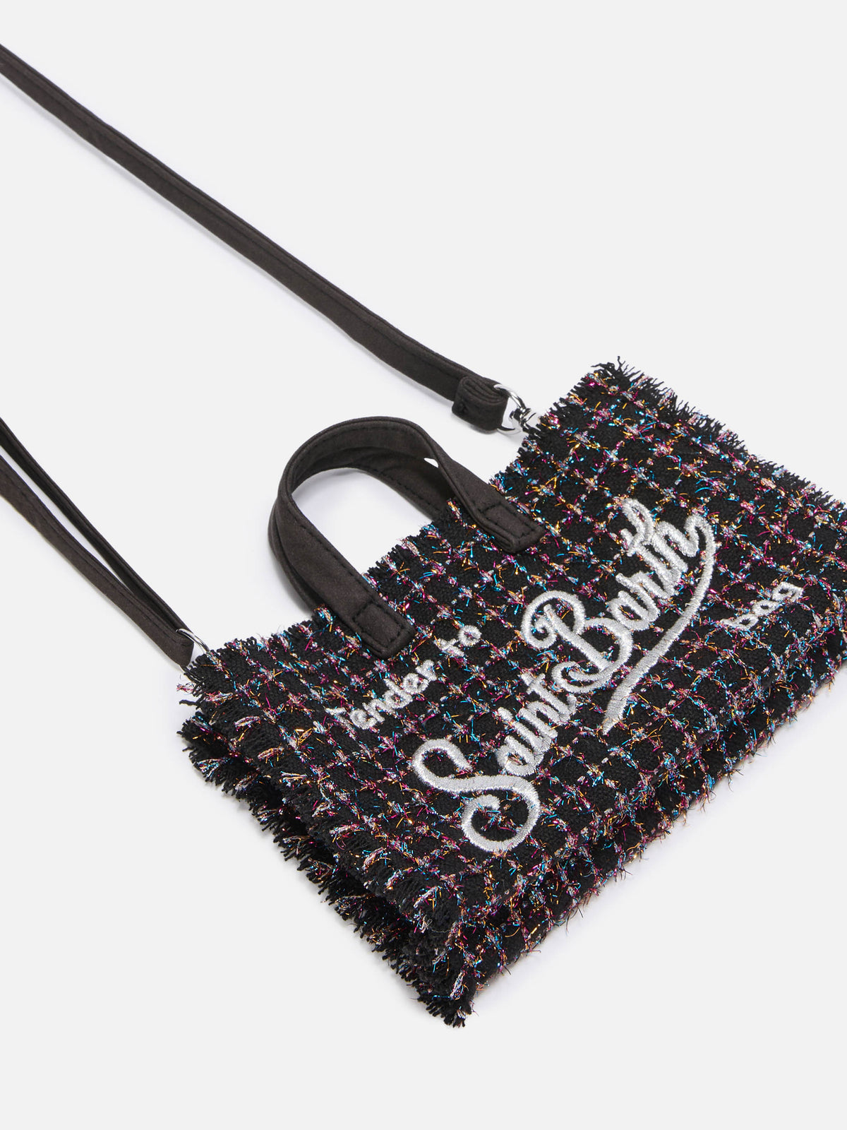 Bolso para teléfono negro en tweed con bordado del logo 