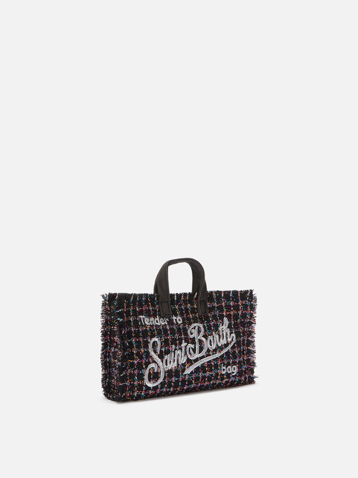 Bolso para teléfono negro en tweed con bordado del logo 
