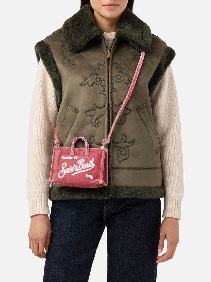 Phone Bag rosa in velluto con ricamo logo