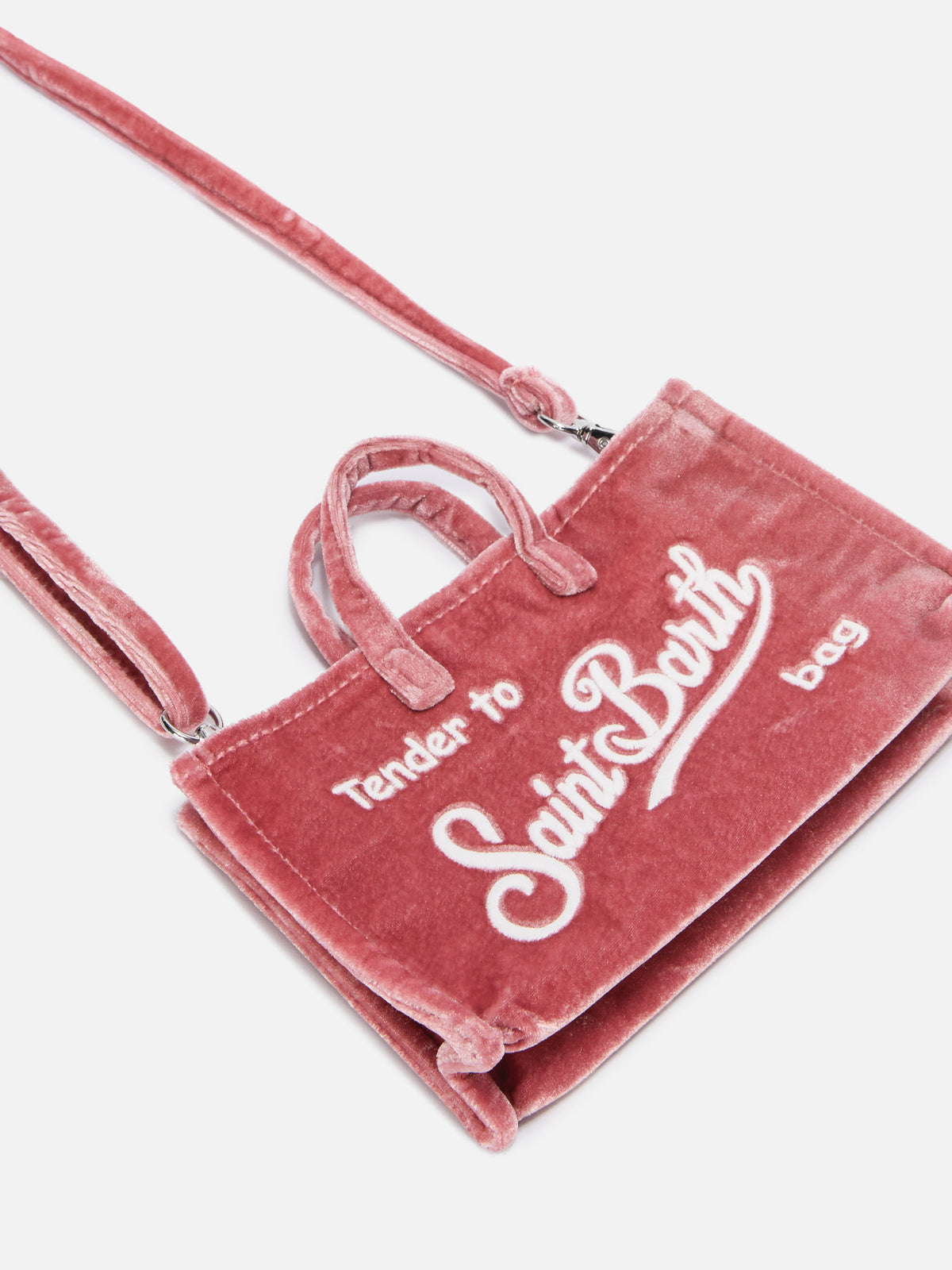 Phone Bag rosa in velluto con ricamo logo