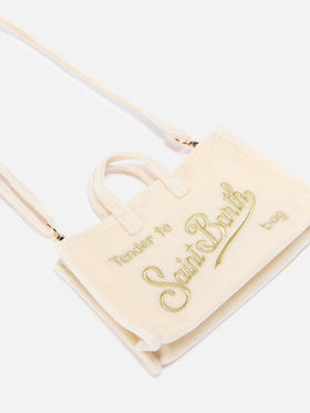 Phone Bag color blanco roto en terciopelo con bordado del logo 