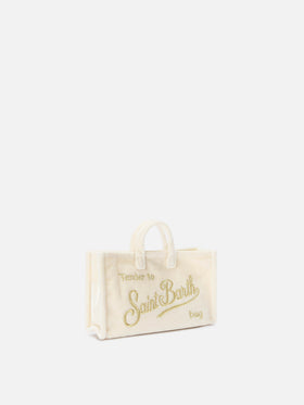 Phone Bag color blanco roto en terciopelo con bordado del logo 