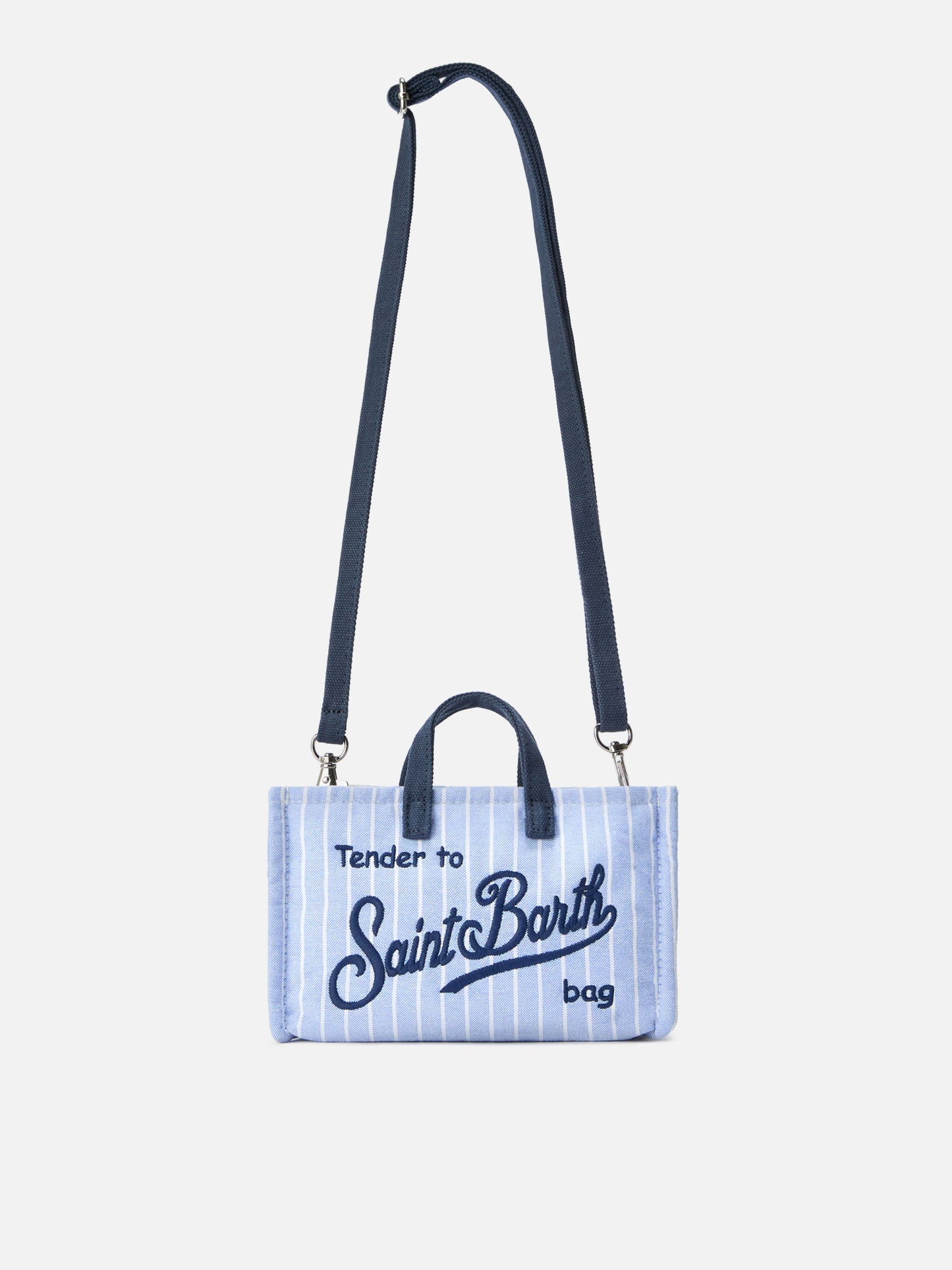 Sac en toile Micro Phone à rayures blanches et bleu clair avec logo contrasté 
