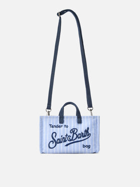 Sac en toile Micro Phone à rayures blanches et bleu clair avec logo contrasté 
