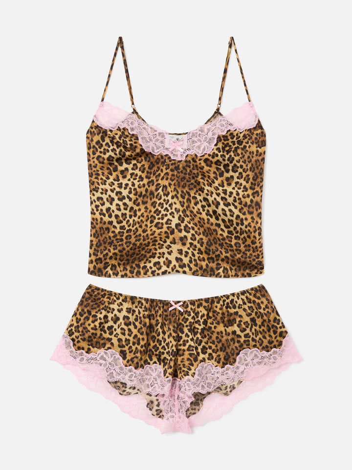 Set Pilar top e shorts con stampa leopardo e pizzo