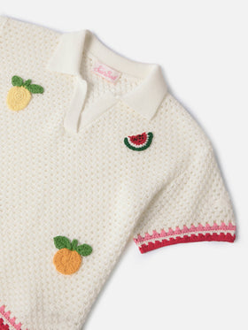 Polo Pixie Jr en mezcla de algodón blanco con parches bordados 