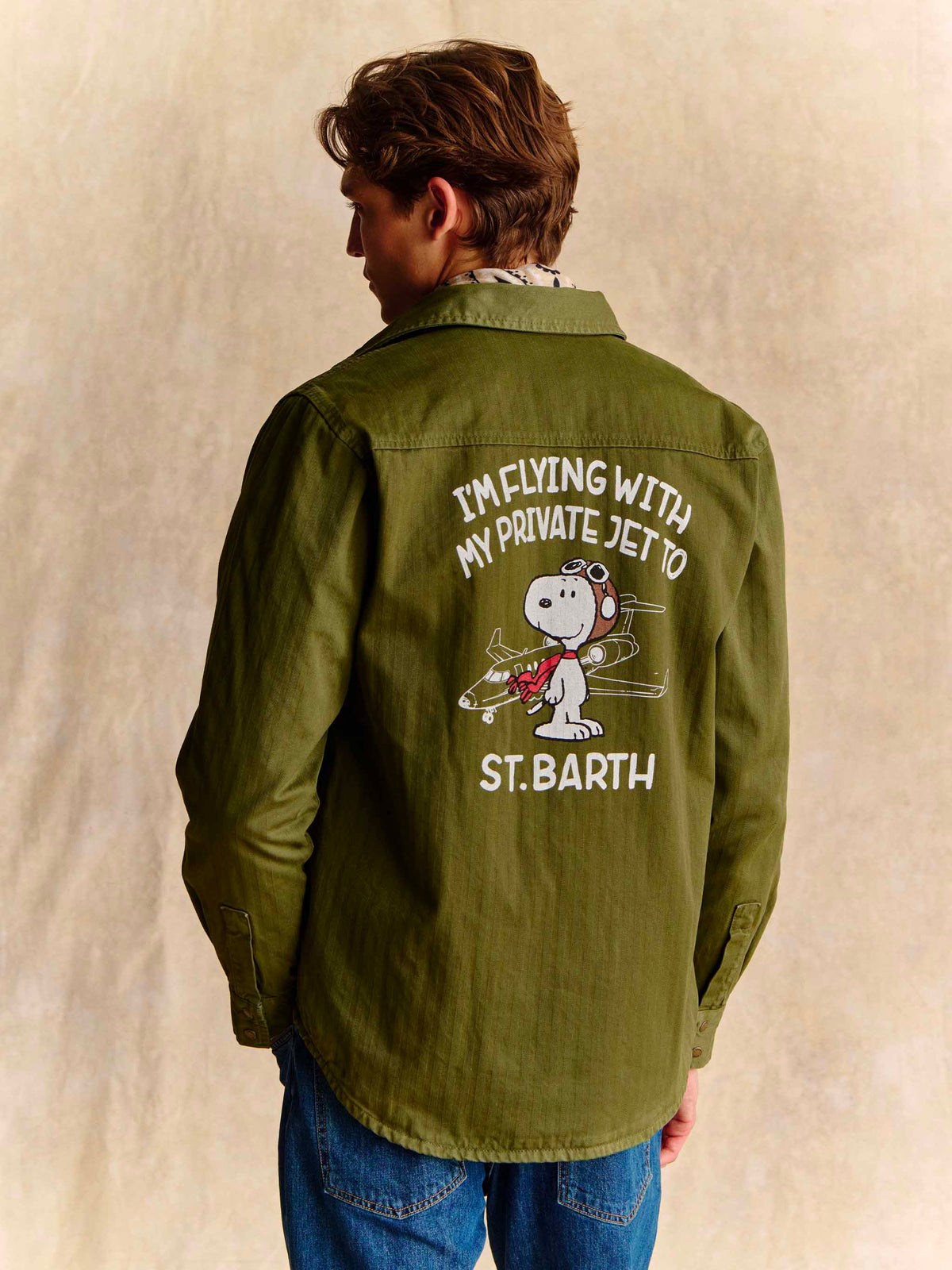 Green Pioneer cotton herringbone shirt with back Snoopy print | Special edition