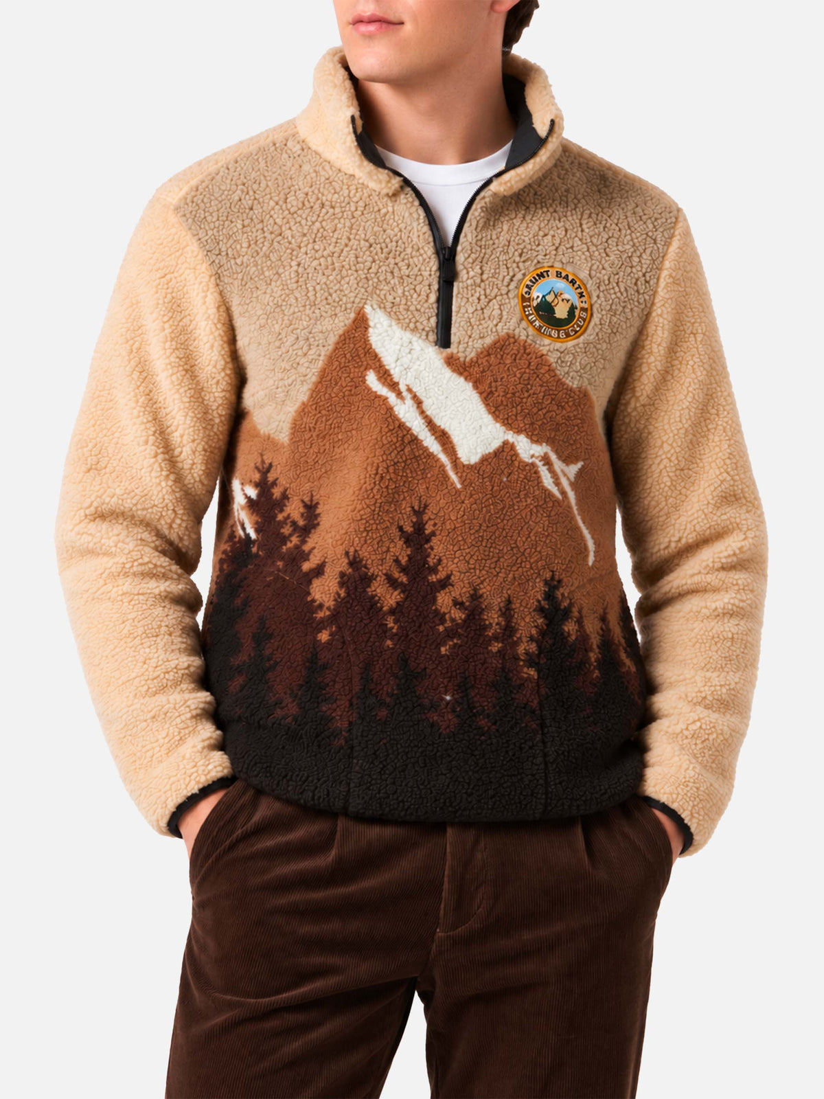 Beige Polar sherpa jacket with gradient mountain pattern