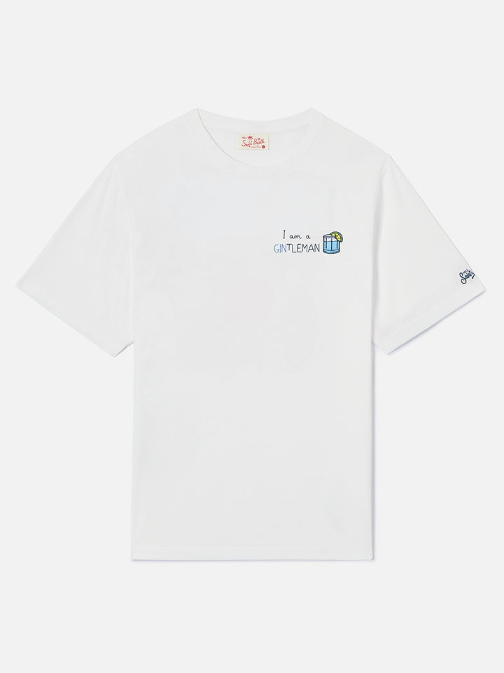 White Portofino T-shirt with I Am A Gintleman embroidery