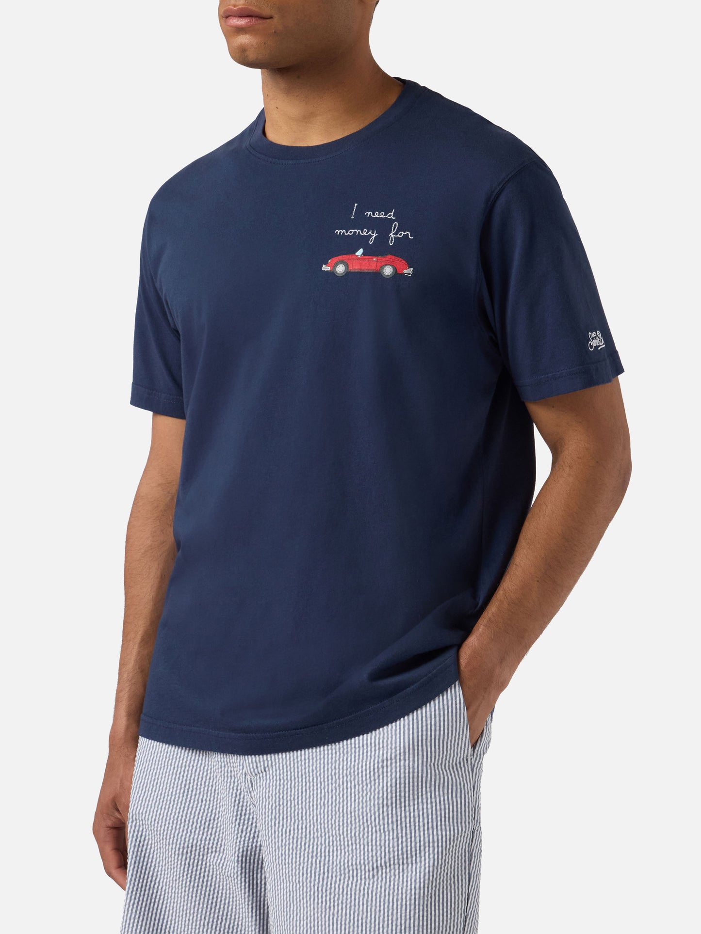 T-shirt Portofino bleu marine avec broderie voiture et "I need money" 