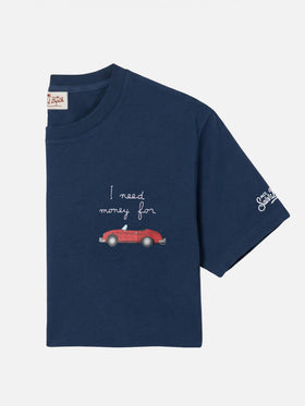 T-shirt Portofino bleu marine avec broderie voiture et "I need money" 