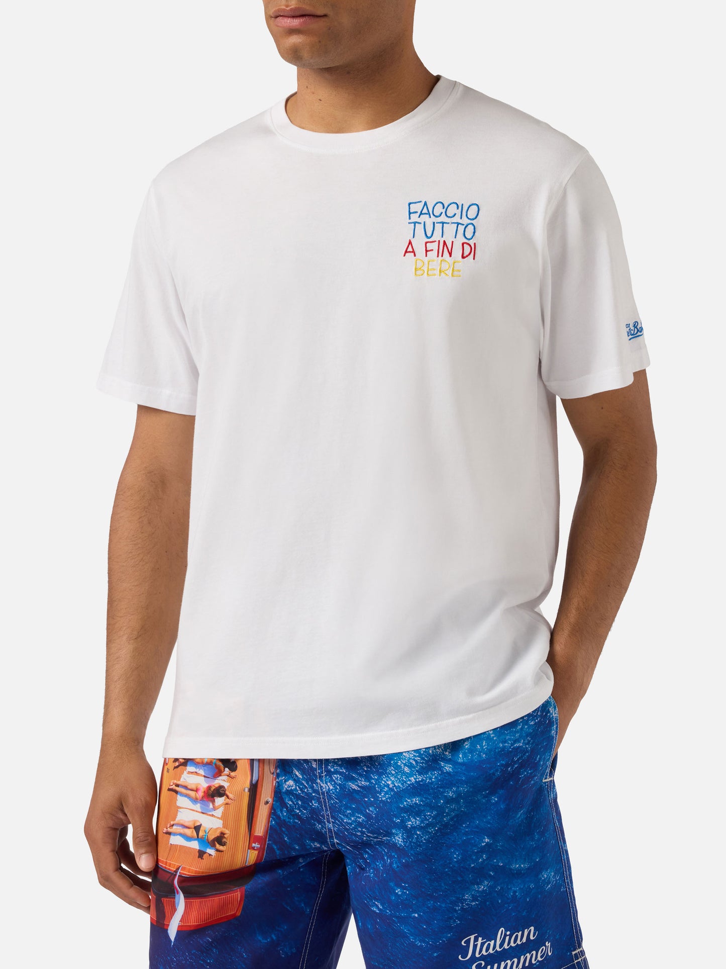 T-shirt Portofino blanc avec broderie Faccio Tutto A Fin Di Bere | Édition spéciale 