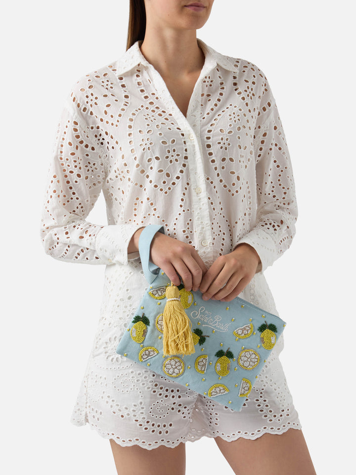 Light blue Pouch Pearl with beaded lemons