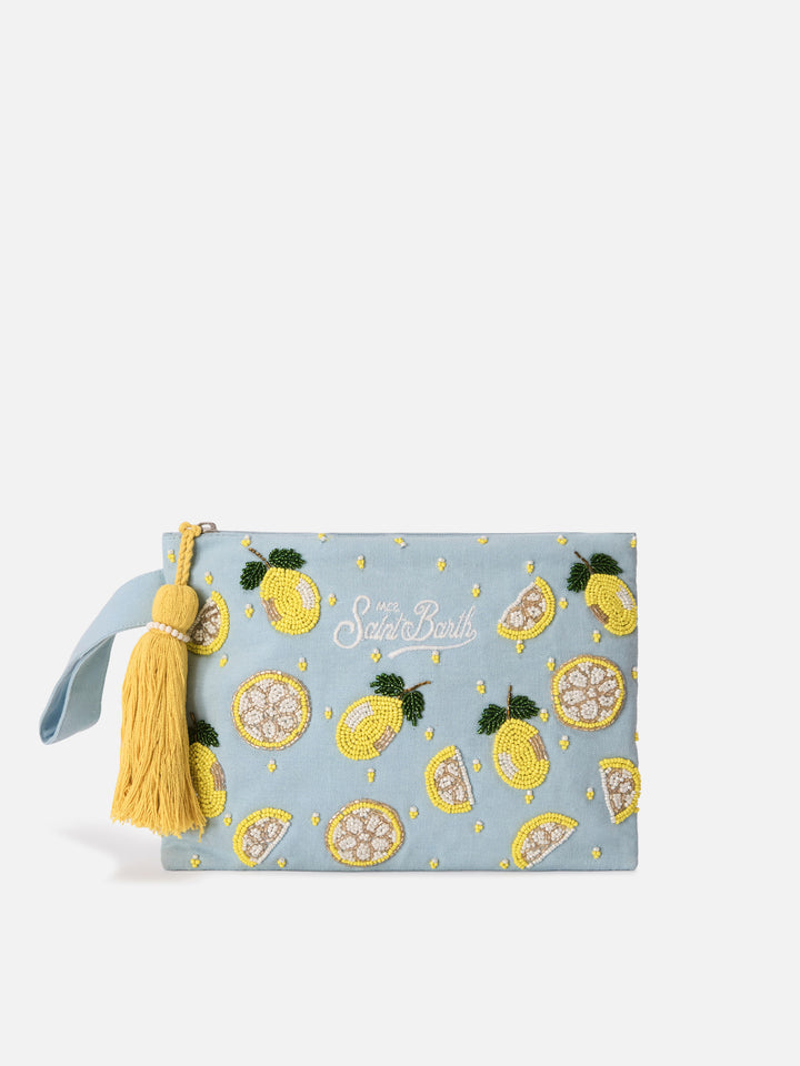 Pouch Pearl azul claro con limones de cuentas 