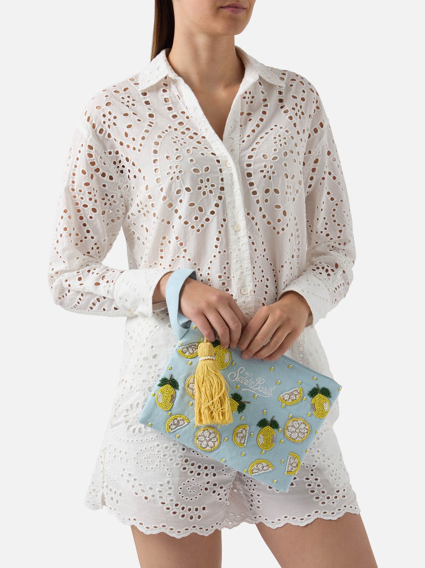 Light blue Pouch Pearl with beaded lemons