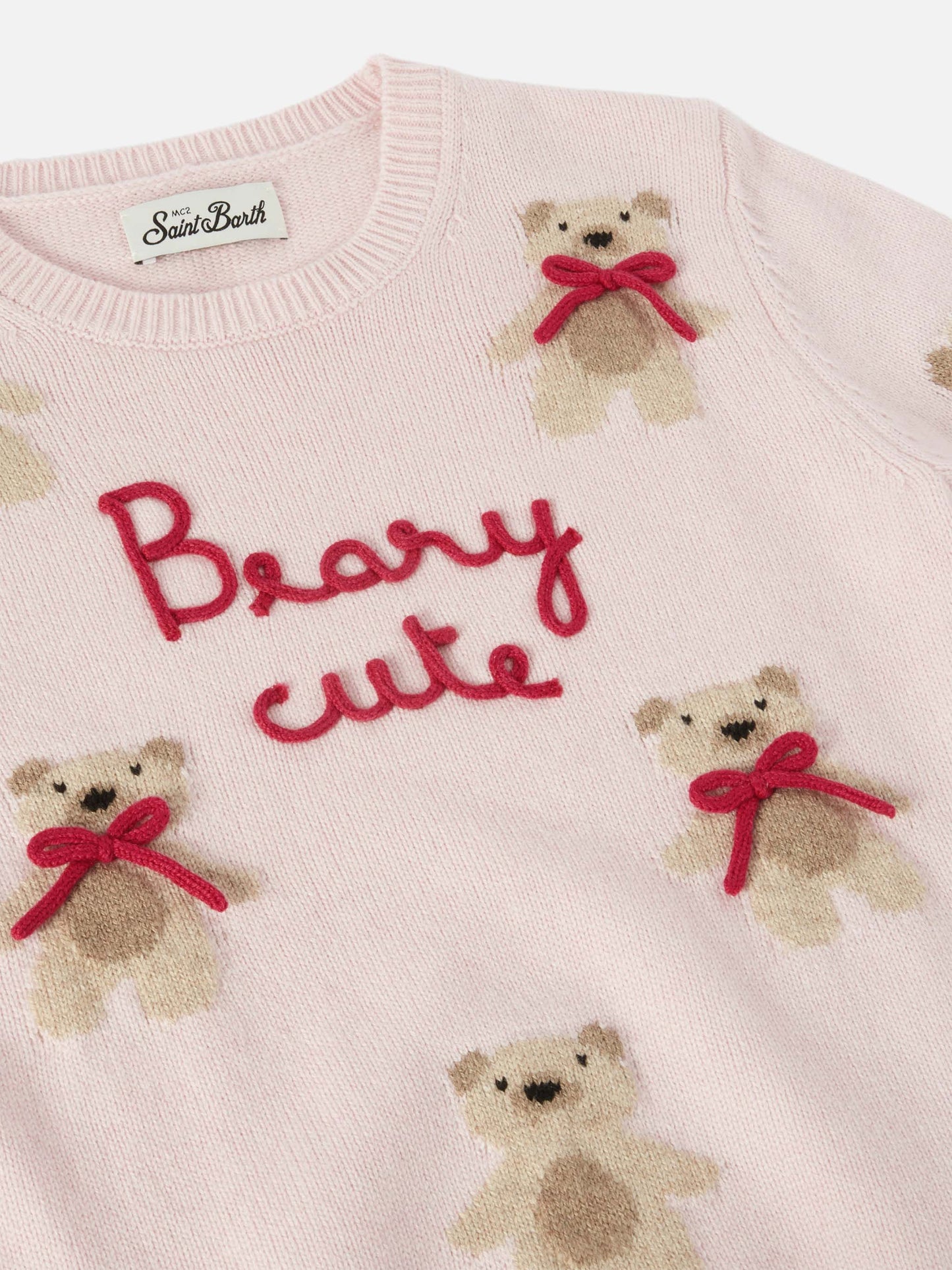 Princess cashmere-blend crewneck with teddy-bear jacquard and bow appliqués