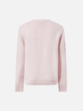 Princess cashmere-blend crewneck with teddy-bear jacquard and bow appliqués