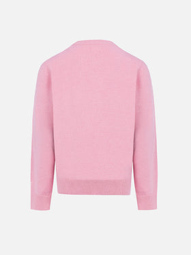 Girl pink crewneck sweater Princess with Courma postcard print - MC2 Saint Barth