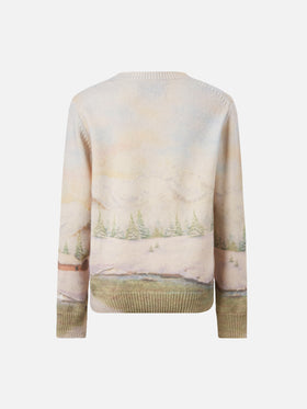 Weißer Rundhalspullover im Prinzessinnenstil mit Bergmotiv und Traumland-Stickerei