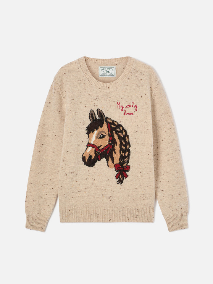 Maglia girocollo Princess beige in misto lana Donegal con intarsio cavallo e ricamo My Only Love