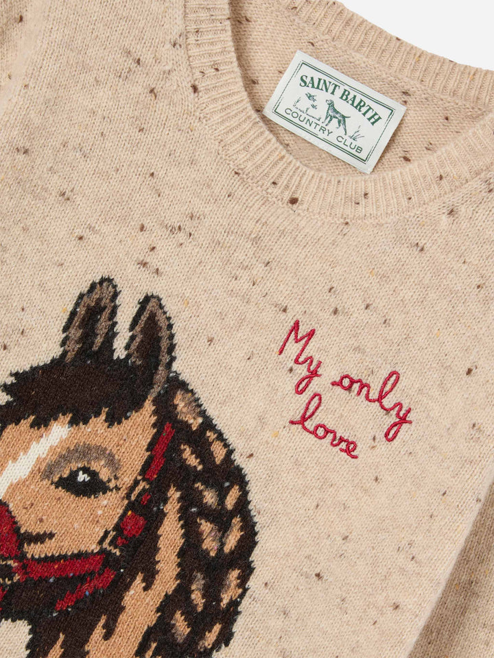 Maglia girocollo Princess beige in misto lana Donegal con intarsio cavallo e ricamo My Only Love