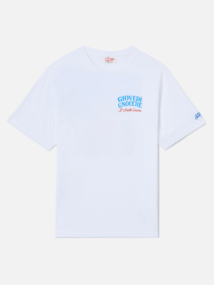 T-shirt Portland bianca con illustrazione Giovedì Gnocche