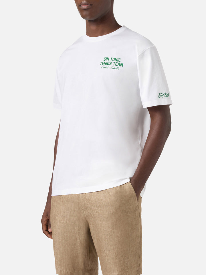 White Portland t-shirt with Gin Tonic Tennis Team illustration