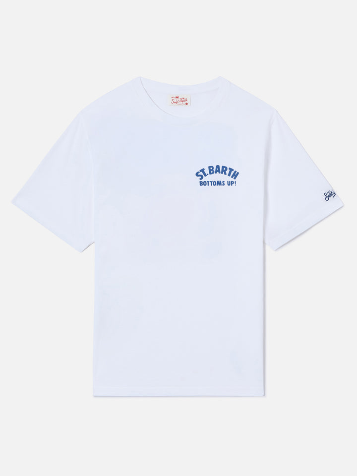 White Portland t-shirt with St. Barth Bottoms Up print