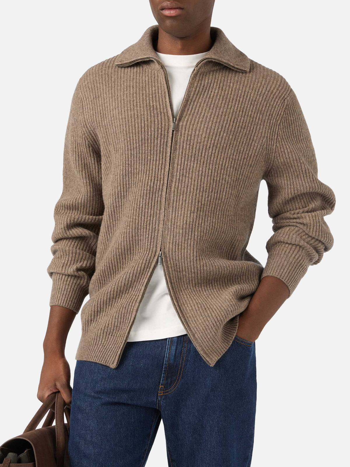Cardigan beige in lana Preston con zip intera