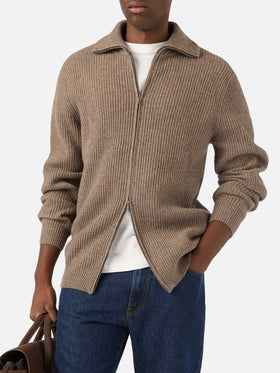 Cardigan beige in lana Preston con zip intera