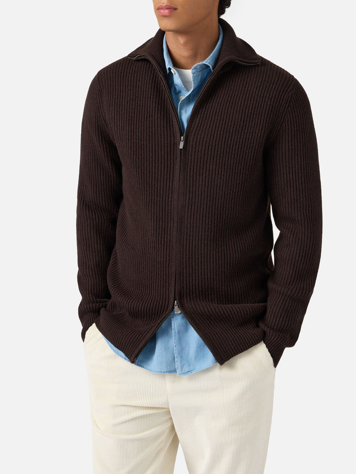Preston pure-wool full-zip cardigan in dark brown