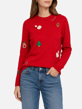 Roter gebürsteter New Queen Pullover mit weihnachtlichen Patches 