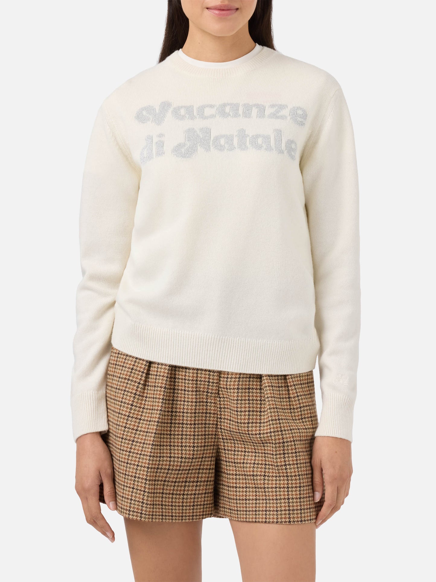 New Queen-Pullover aus Kaschmirmischung in Weiß mit Vacanze di Natale-Jacquard | VACANZE DI NATALE SONDERAUSGABE