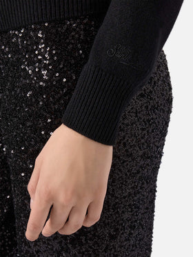 New Queen cashmere-blend sweater in black with Brillante rhinestone appliqué
