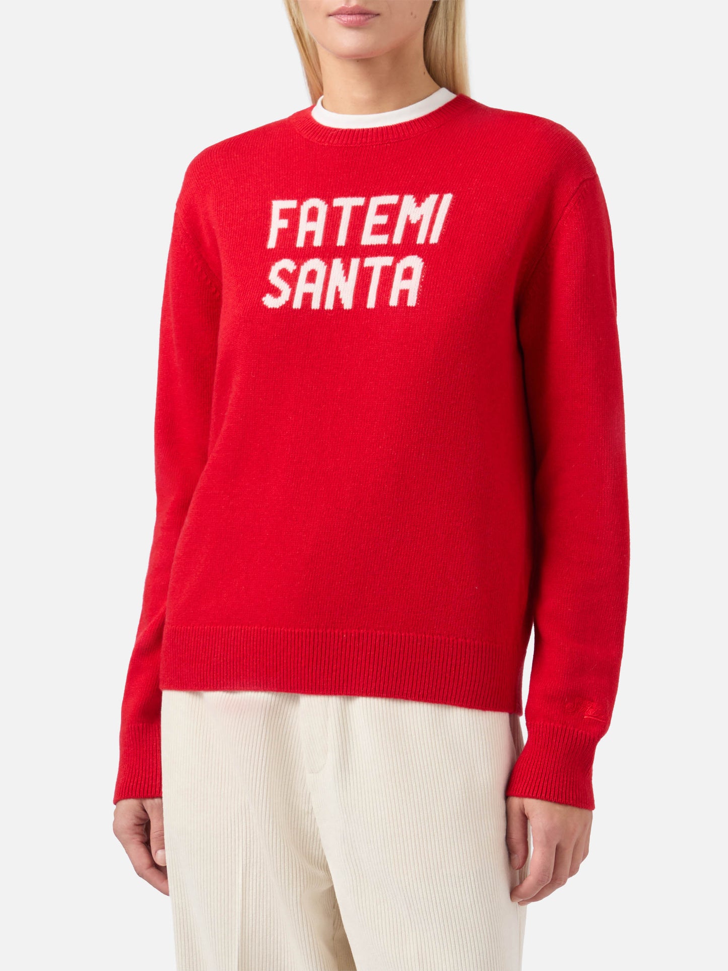 Neuer Queen-Pullover aus Kaschmirmischung in Rot mit Fatemi Santa Jacquardmuster