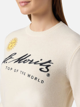 New Queen cashmere-blend sweater in white with St. Moritz embroidery | ST. MORITZ TOP OF THE WORLD SPECIAL EDITION