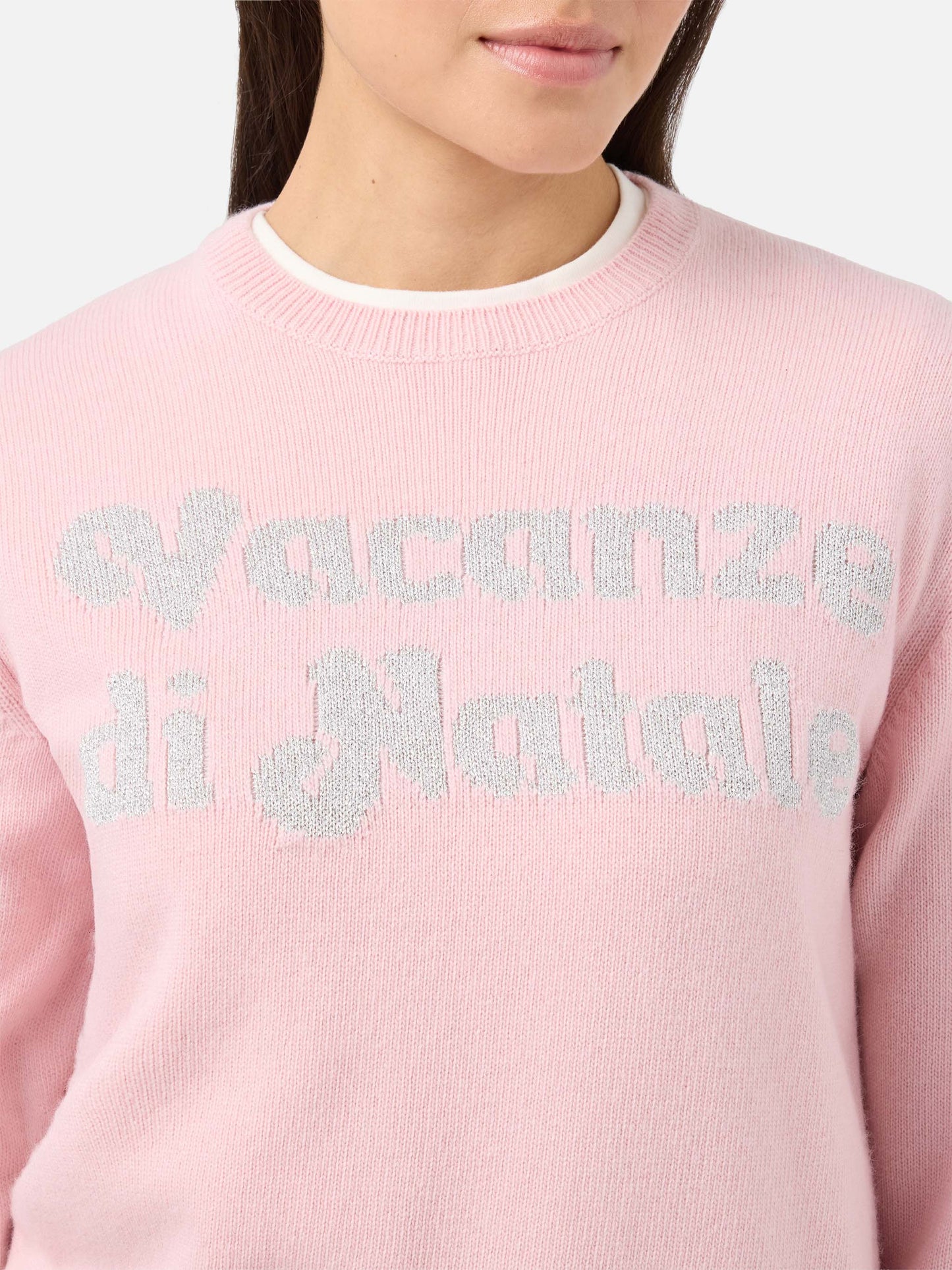 Maglione New Queen in misto cashmere rosa con jacquard lurex Vacanze di Natale | VACANZE DI NATALE SPECIAL EDITION