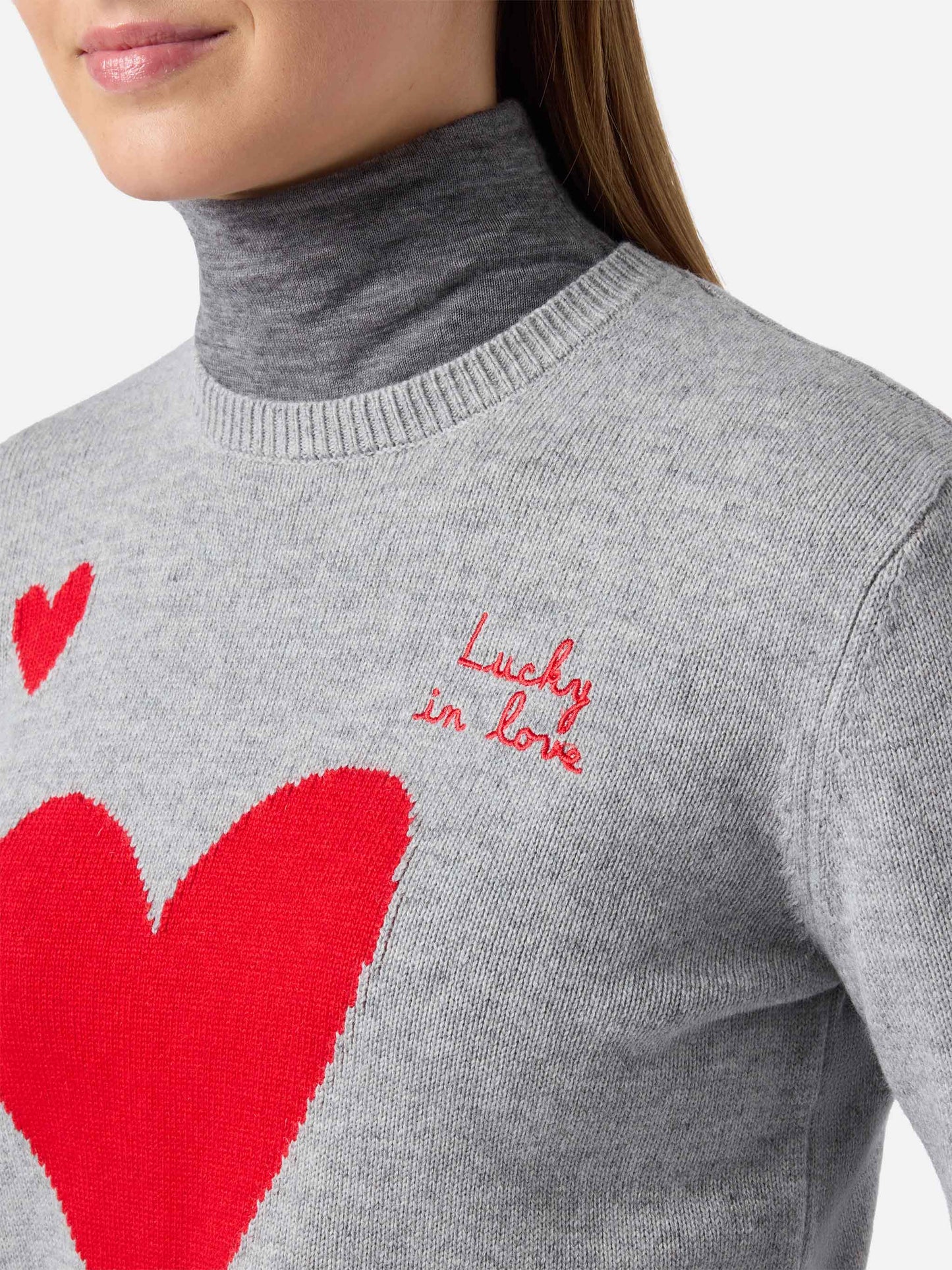 New Queen cashmere-blend sweater in grey with Lucky in love embroidery