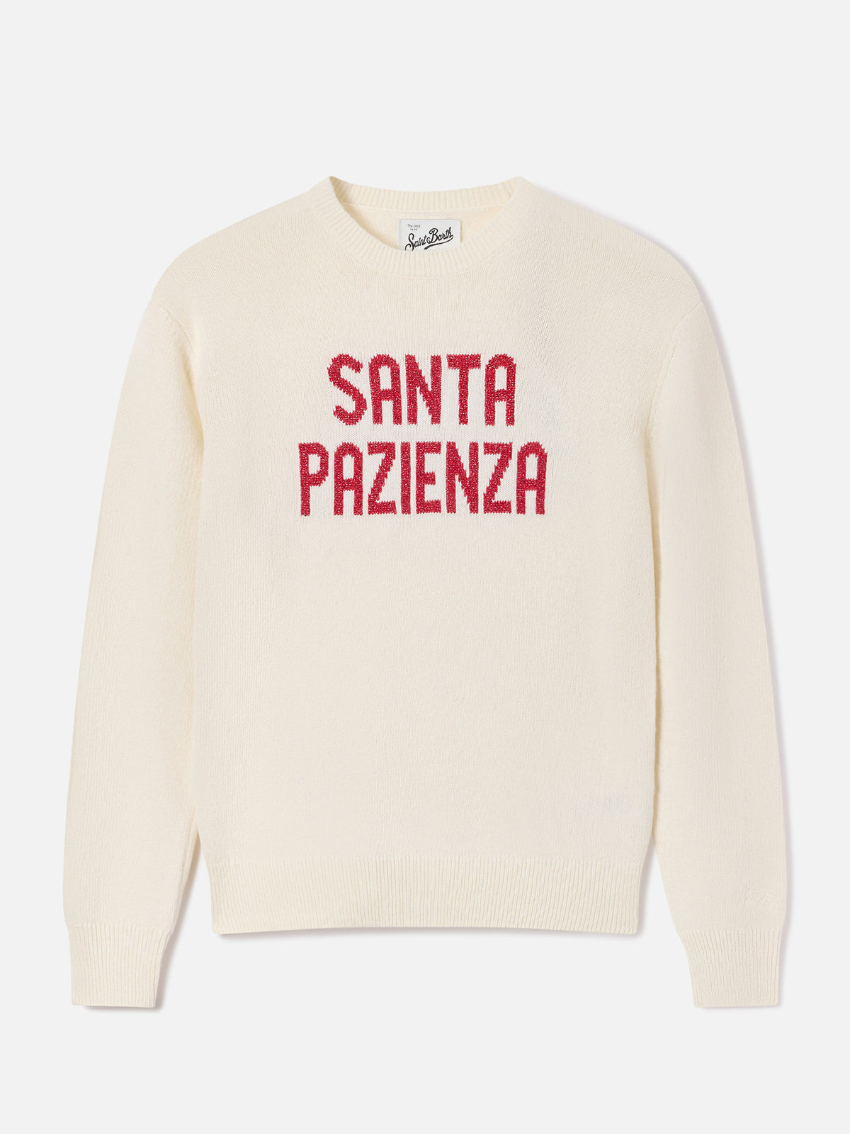 Off white New Queen crewneck knit with Santa Pazienza lurex embroidery